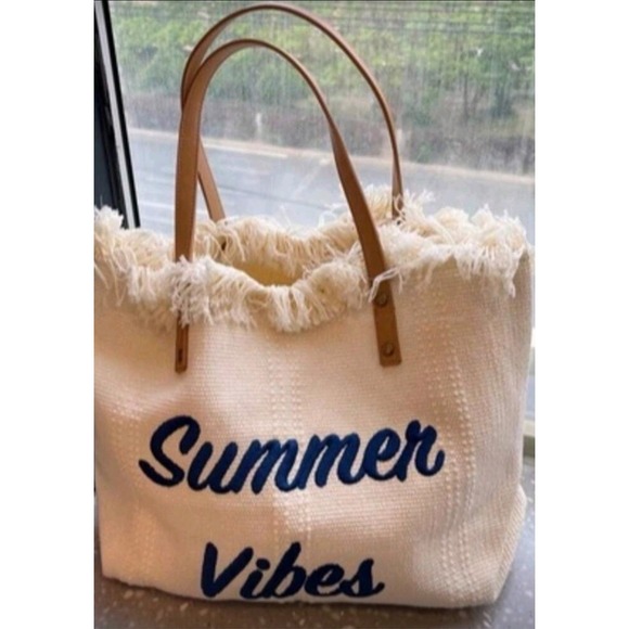 Summer Vibes Beach Tote Bag Fringe Trim Woven Travel Carry On - Picture 1 of 3
